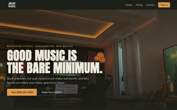 Homepage of the Arked Music website, built by Green Chile Digital