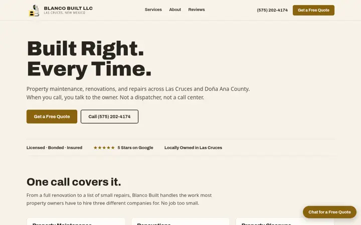 Homepage of the Blanco Built website, built by Green Chile Digital