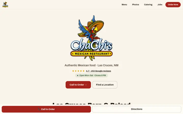 Homepage of the ChaChi's website, built by Green Chile Digital