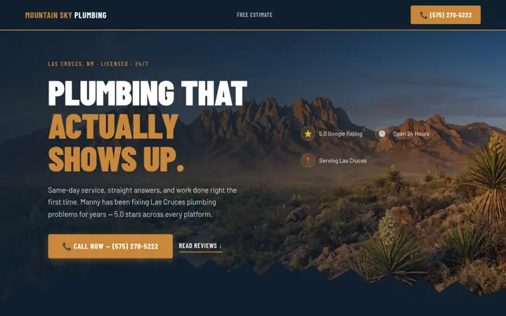 Homepage of the Mountain Sky Plumbing website, built by Green Chile Digital