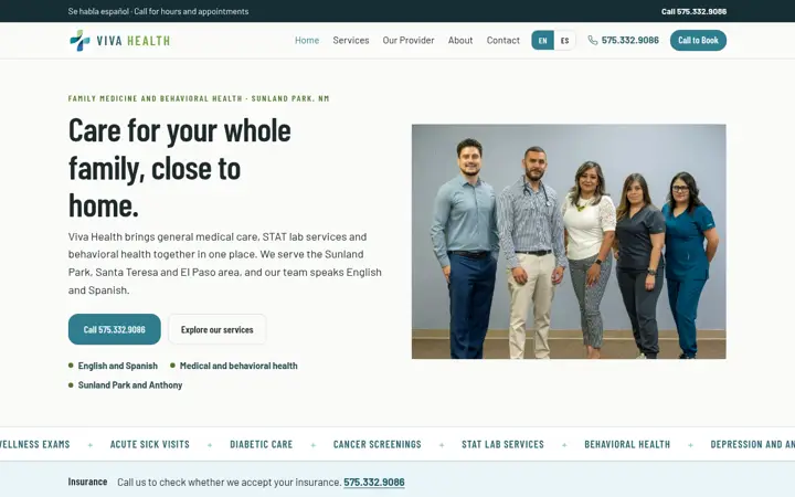 Homepage of the Viva Health website, built by Green Chile Digital