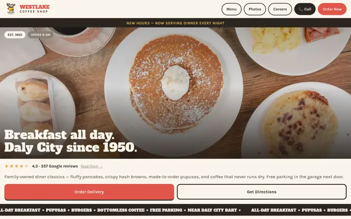 Homepage of the Westlake Coffee Shop website, built by Green Chile Digital